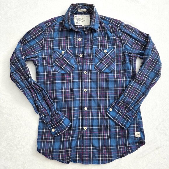 American Eagle Blue Plaid Button Down Shirt Men’s XS Grunge Indie Tumblr 2010s - Picture 7 of 13